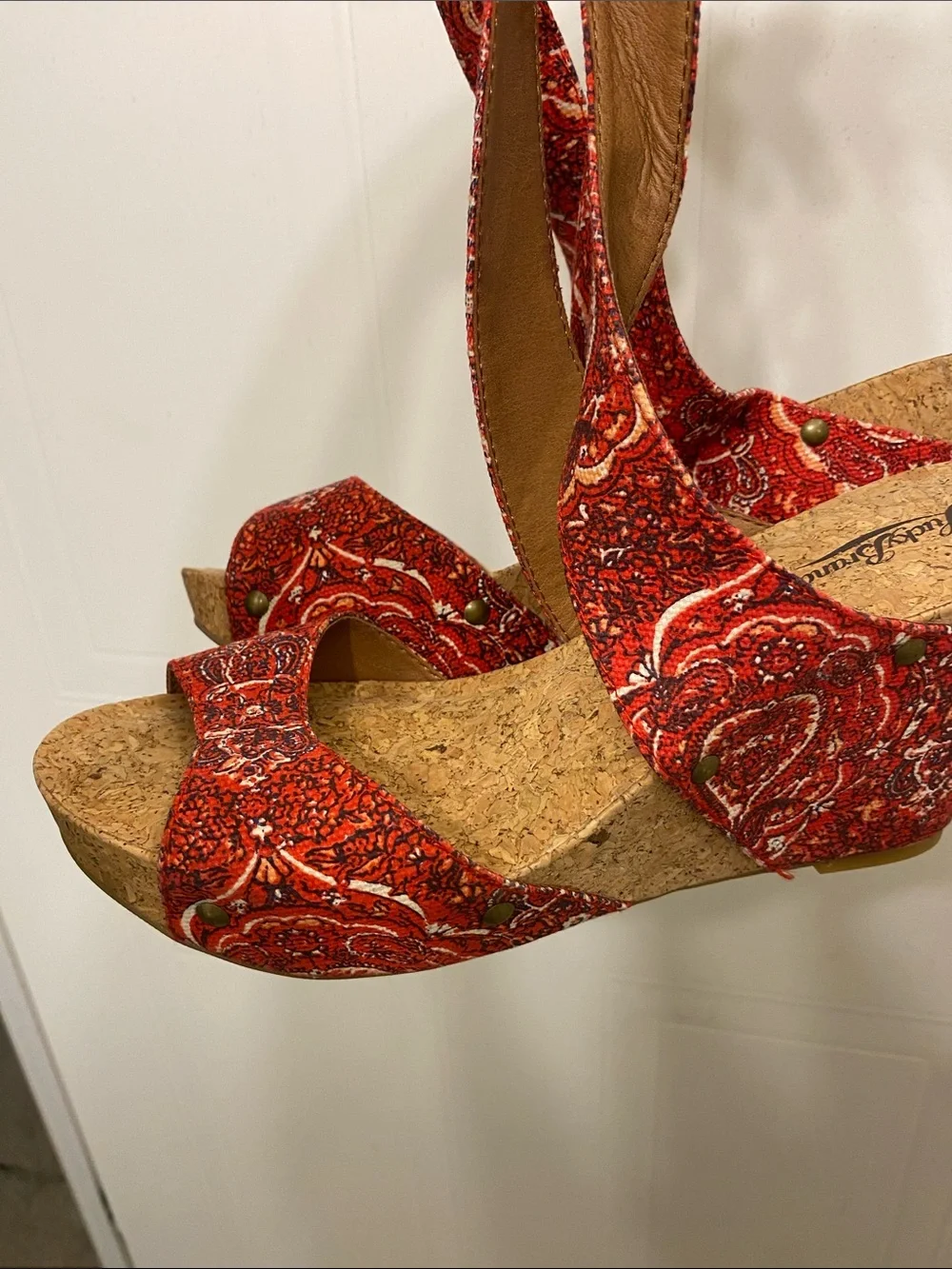 Lucky Brand Red Paisley Cork Wedge Sandals